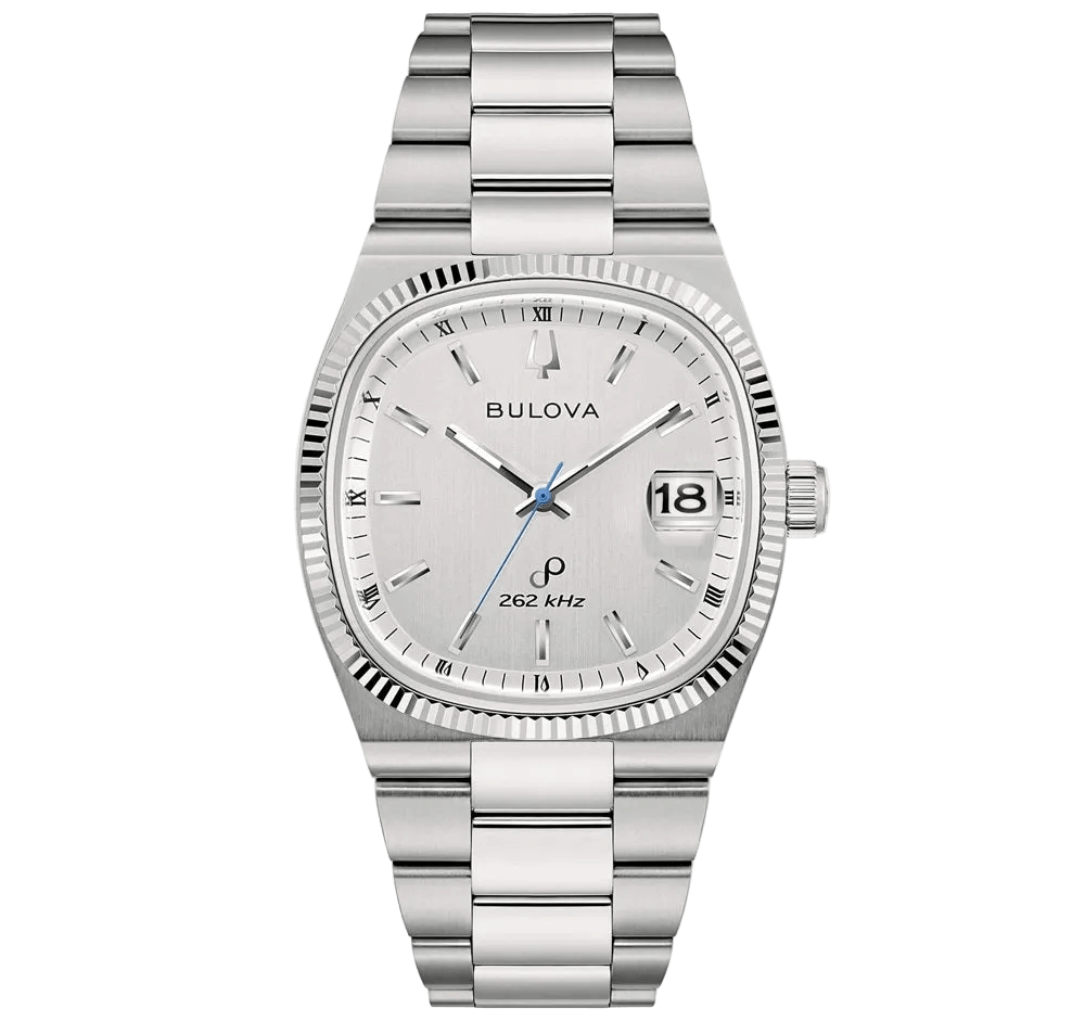 BULOVA SUPER SEVILLE MOD. 96B444 stylish silver watch with date display and blue accents.