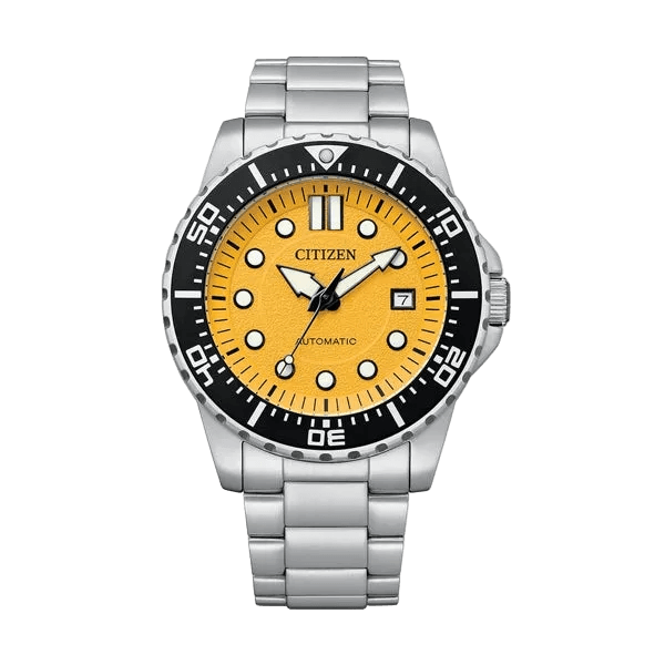 CITIZEN Mod. CLASSIC Automatic - YELLOW NJ0170-83Z Armbanduhr mit gelbem Ziffernblatt und Edelstahlarmband.