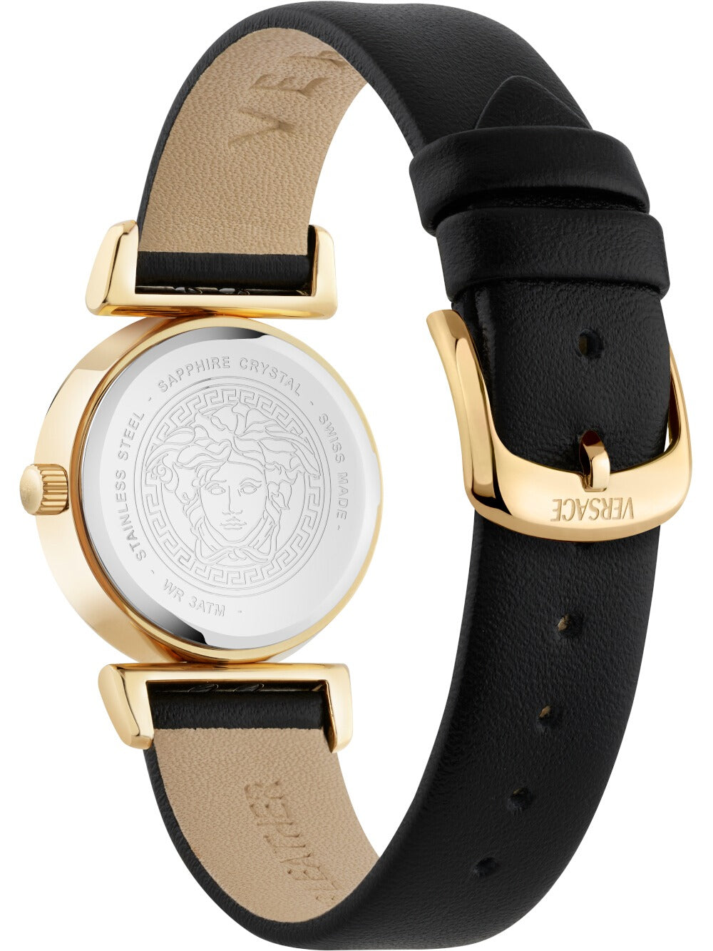 Versace Mini Vanity Damenuhr Schwarz Gold Leder